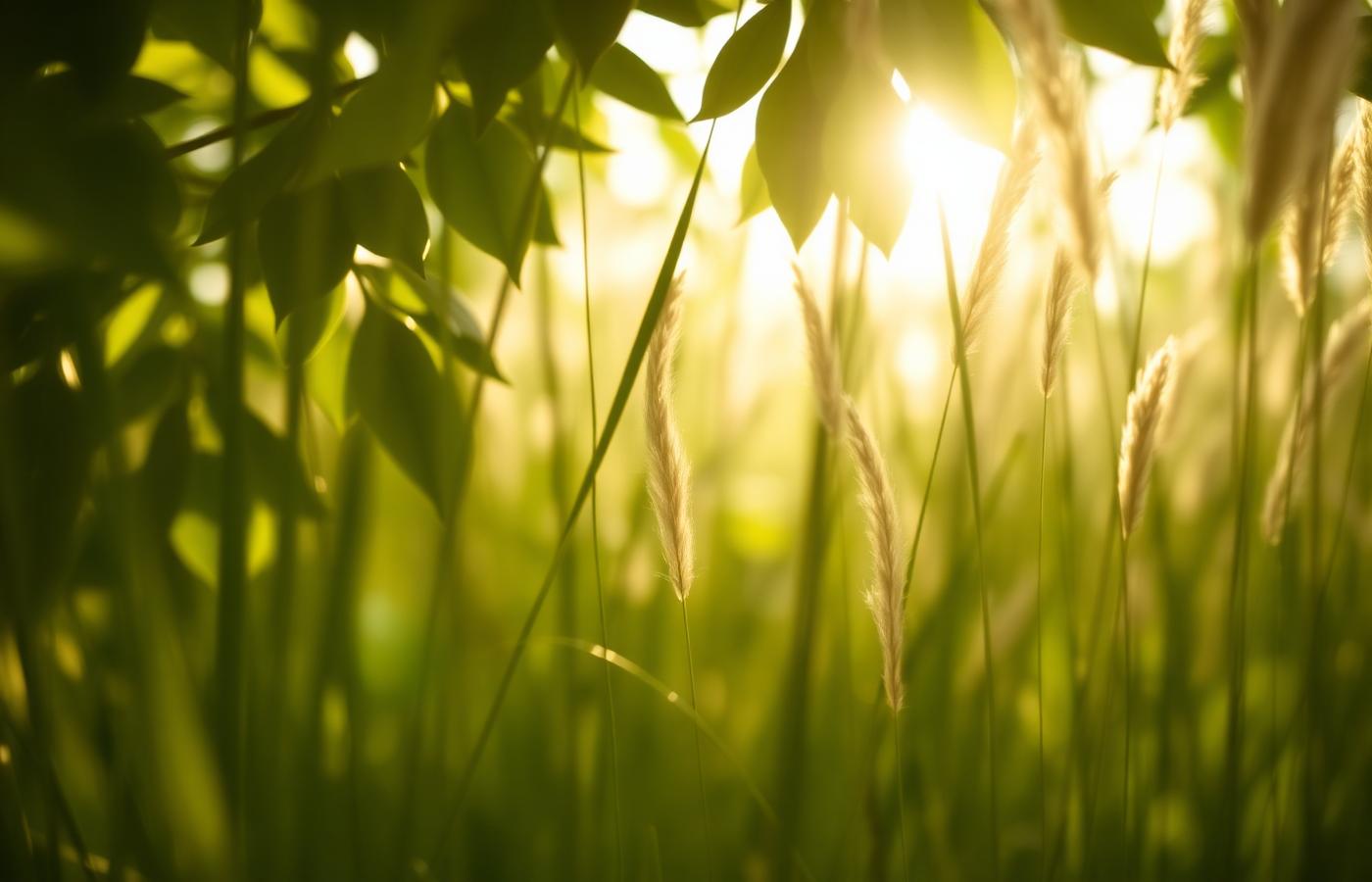 Sunlight filtering through tall grass and green leaves