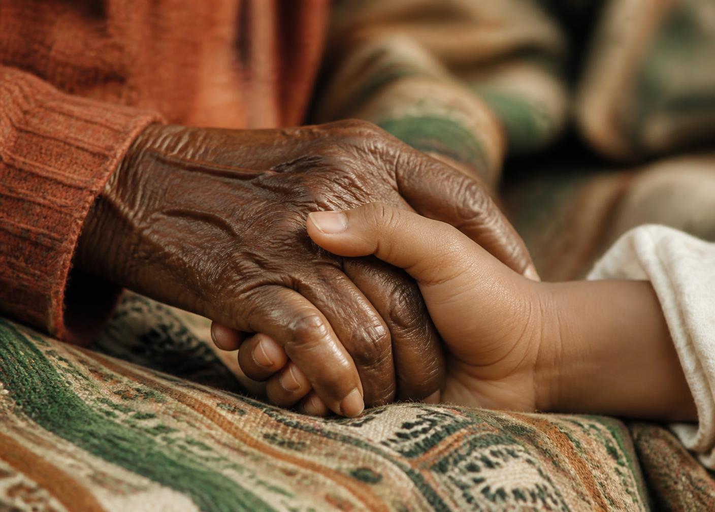 A younger hand gently holding an elder's hand, symbolizing compassionate generational care